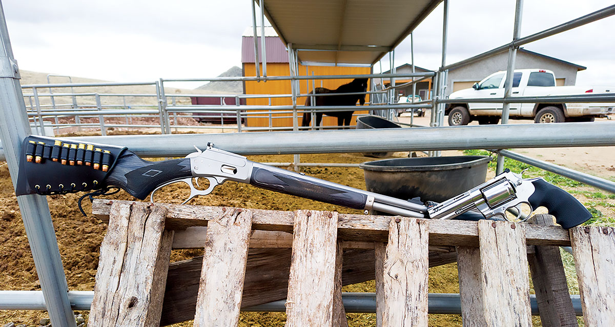 The Colt Kodiak and Marlin 1894 Trapper make an excellent pair whether on horseback, working around the house or making tracks in the pickup. Should a coyote, snake or other unwanted critter come around, these two are never far from reach.